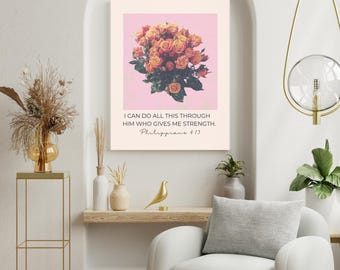 Pink Floral Philippians 4:13 Print | Christian Home Decor (Digital Download)