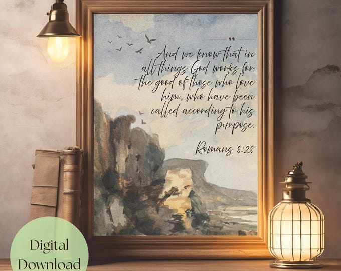 Romans 8:28 Beach Scene Scripture Print | Christian Wall Art (Digital Download)