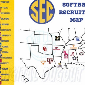 May include: A map of the United States showing the locations of the Southeastern Conference (SEC) softball teams. The map is outlined in black and each state is labeled with the team's logo and name. The SEC logo is in the upper left corner of the map.
