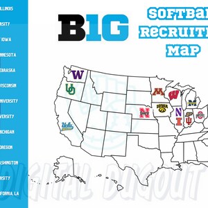 Sports Recruiting Tracker - Softball Big 10 Recruiting Map - United States Map - Wall Art - Softball Recruiting Tools - Big 10 Softball