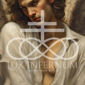 May include: A painting of a young man with long, flowing blonde hair and a white shirt. He has a pair of large, white wings behind him. The painting is in a dark, dramatic style. The text "LUX INFERNUM" and "IGNITE YOUR STYLE" is visible at the bottom of the painting.