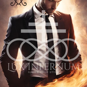 May include: A man in a black suit and white shirt with a black tie stands in front of a fiery background. The text "LUX INFERNUM" and "IGNITE YOUR STYLE" is visible below the man.