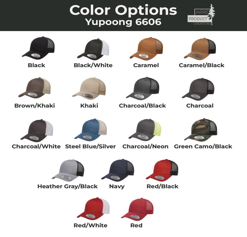 May include: A collection of Yupoong 6606 trucker hats displayed in various color combinations including black, caramel, khaki, charcoal, steel blue, green camo, navy, and red, featuring mesh back panels and solid front panels with a curved brim.