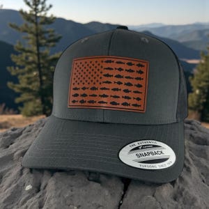 American Flag With Fish Design Engraved Saddle Brown Leatherette Hat - Outdoor Snapback