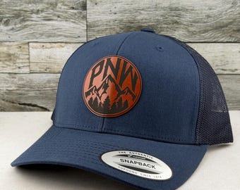 Pacific Northwest Mountain Engraved Leatherette Hat - PNW Mountain Outdoor Snapback