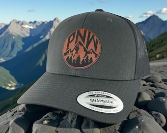 Pacific Northwest Mountain Engraved Leatherette Hat - PNW Mountain Outdoor Snapback