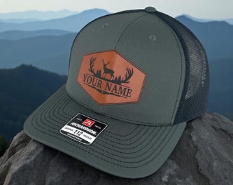 Personalized Deer Antler Engraved Leatherette Hat - Hunting Trucker Hat - Outdoor Richardson 112 Snapback