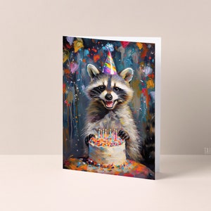 Happy Raccoon with Birthday Cake and Party Hat in painted style - Birthday Card