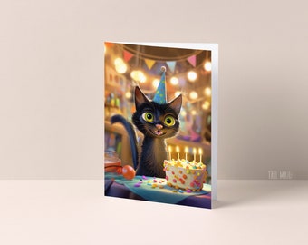 Black Cat with Birthday Cake in Animated Style - Birthday Card