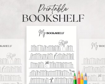 May include: Printable coloring page featuring a bookshelf with multiple shelves filled with books. The page includes decorative elements like plants and vases. The text "My Bookshelf" is at the top of the page.
