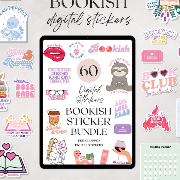 60+ Digital Bookish Sticker Bundle, Printable Bookish Stickers, Bookish Kindle Stickers, Book Stickers, Booktok, PNG, GoodNotes