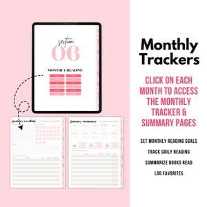 May include: A digital planner with a pink background and a section for monthly reading trackers. The planner includes a section for each month of the year, with a page for tracking daily reading and a summary page for each month. The text "section 06" is displayed at the top of the page.