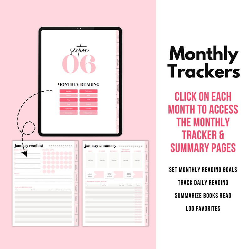 May include: A digital planner with a pink background and a section for monthly reading trackers. The planner includes a section for each month of the year, with a page for tracking daily reading and a summary page for each month. The text "section 06" is displayed at the top of the page.