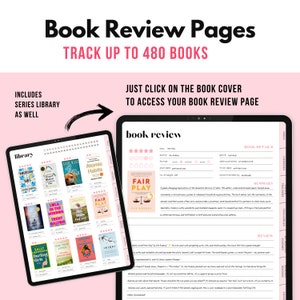 May include: A digital planner for tracking book reviews. The planner includes a library section with book covers and a book review page with a rating system, book details, summary, and review sections. The planner is designed to track up to 480 books.