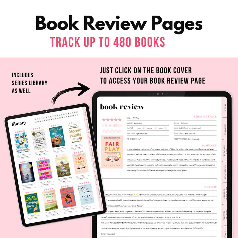May include: A digital planner for tracking book reviews. The planner includes a library section with book covers and a book review page with a rating system, book details, summary, and review sections. The planner is designed to track up to 480 books.