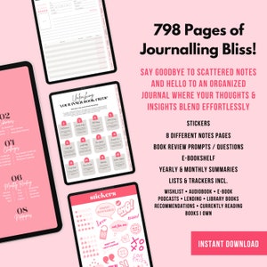 May include: A digital planner with pink accents and the text "Unleashing Your Inner Book Critic" on the cover. The planner includes 798 pages of journaling bliss, 8 different notes pages, book review prompts, questions, an e-bookshelf, yearly and monthly summaries, lists and trackers, including a wishlist, audiobook, e-book, podcasts, lending, library books, recommendations, currently reading books, and books I own. The planner also includes stickers with various designs, including "Love", "Oh!", "Not for me", "Must Read", "XO", "Love This", and "You're So This".