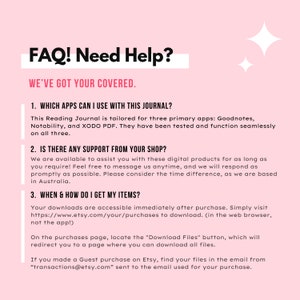 May include: A pink and white graphic with the text "FAQ! Need Help?" and "WE'VE GOT YOUR COVERED."  The graphic lists three frequently asked questions about digital products, including which apps can be used with the product, if there is customer support, and how to download the items.