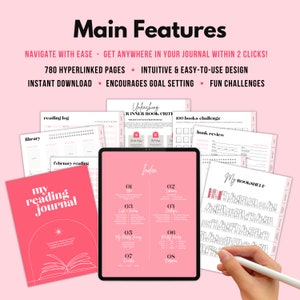 May include: A pink and white digital reading journal with the title "My Reading Journal" and an index with tabs for "My Style", "Library", "Lists & Reminders", "My Reading Journey", "Monthly Reading", "Favorites", and "Notes".