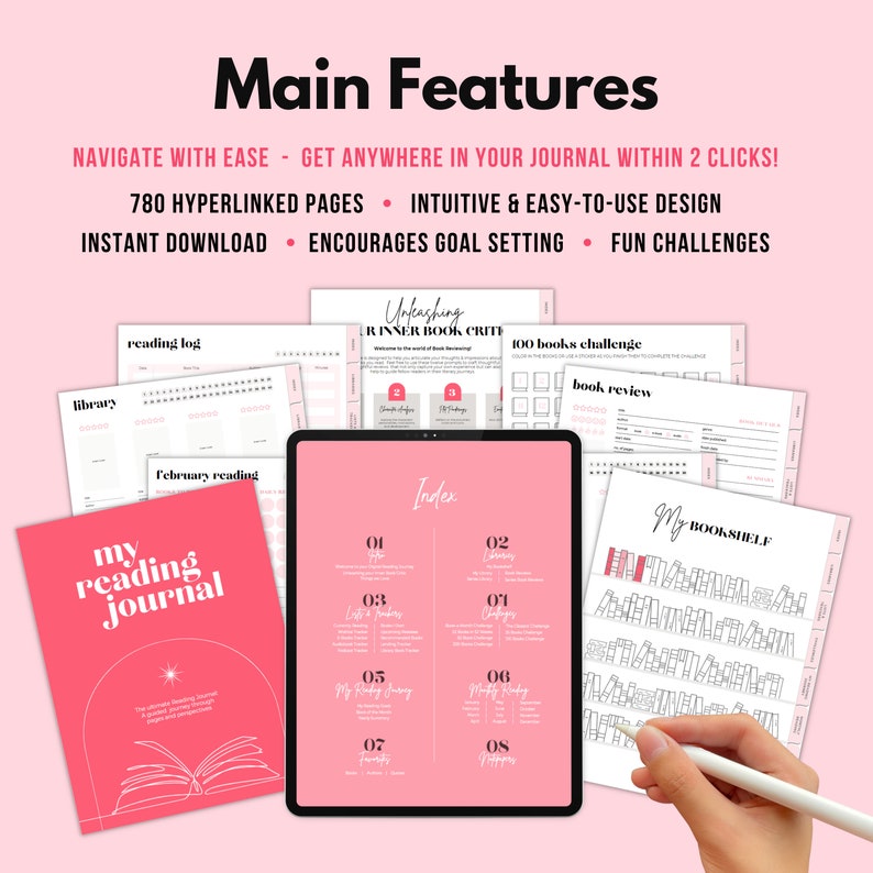 May include: A pink and white digital reading journal with the title "My Reading Journal" and an index with tabs for "My Style", "Library", "Lists & Reminders", "My Reading Journey", "Monthly Reading", "Favorites", and "Notes".