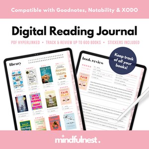 May include: A digital reading journal template for Goodnotes, Notability, and XODO. The template features a library section with book covers, a book review section, and a section to track reading progress. The template is pink and white with a gold star.