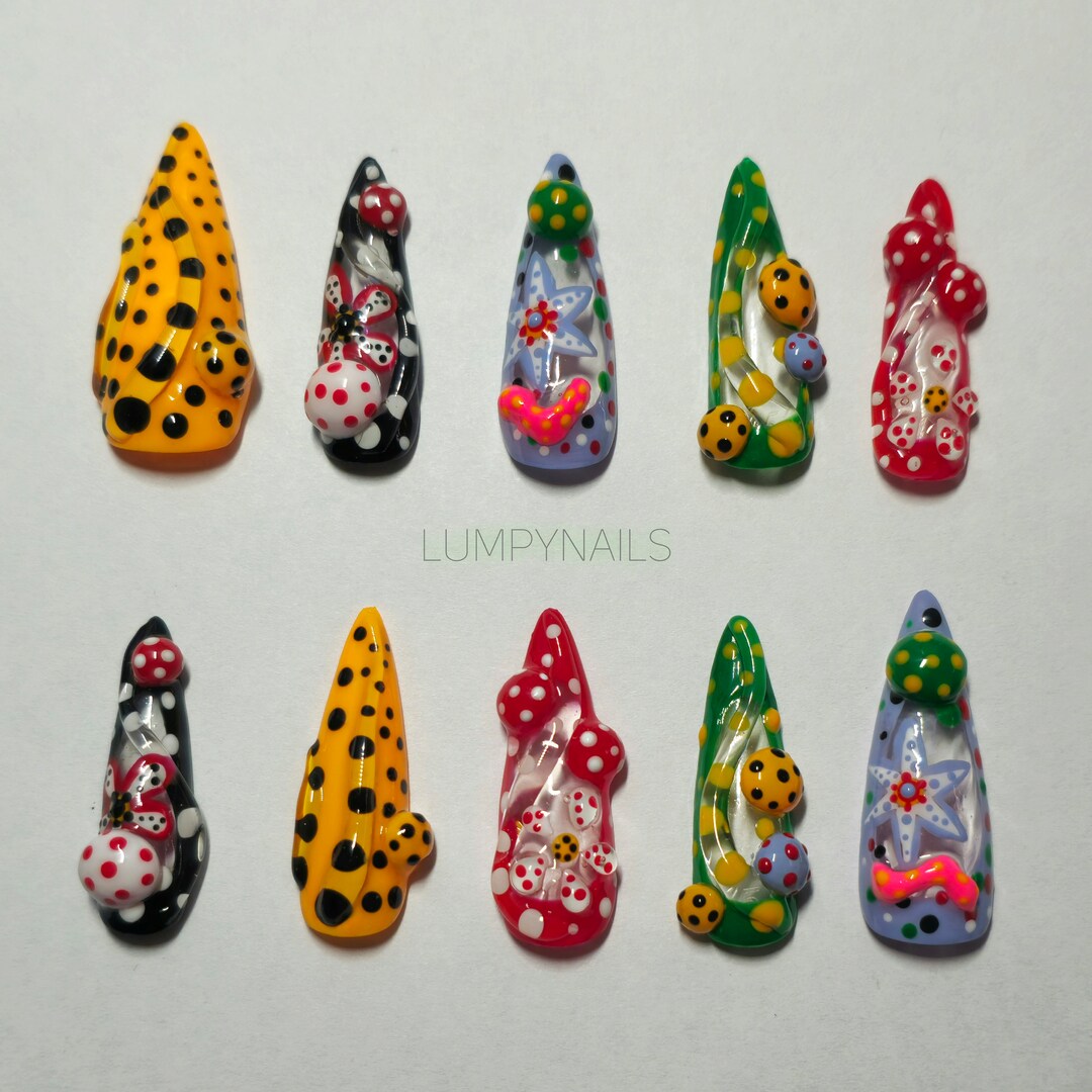 Yayoi Kusama Nails 3D Colorful Press on Nails, Japanese Designer Nails