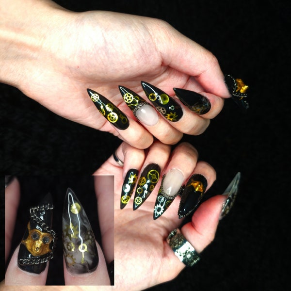 Steampunk Nails | Cool Metallic Black Gold Gear Chains Cyber Dystopian Sci-Fi Gas Mask Reusable Press On Nails