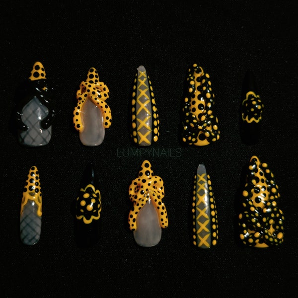 Yayoi Kusama Coquette Nails | 3D Bow Nails, Japanese Fashion Nails, Elegant Cute Flirty Lace Nails, Black and Yellow Nails, Polka Dot Nails