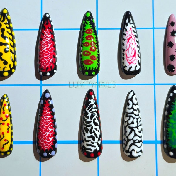 Yayoi Kusama Inspired Nails | Polka Dot, Japanese Designer, Abstract, Eyes, Spikes, Squiggles, Zebra, Brain, Unique, Cherry, Fish Scales