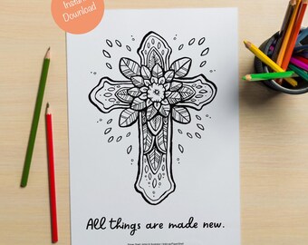 Floral Cross Coloring Page Printable | Christian Color-in Art for Adults & Kids | Scripture Verse Decor | Baptism, Recovery, Easter Quote