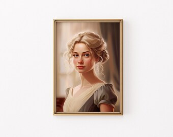 May include: A portrait painting of a woman with blonde hair and a light blue and cream colored dress. The woman is looking directly at the viewer with a soft expression.