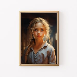 May include: A portrait of a young girl with long blonde hair, wearing a light blue shirt. She is looking directly at the viewer with a serious expression. The background is a dark, blurry room.