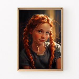 May include: A portrait of a young girl with long, braided red hair. She is wearing a blue shirt and looking directly at the viewer with a soft smile.