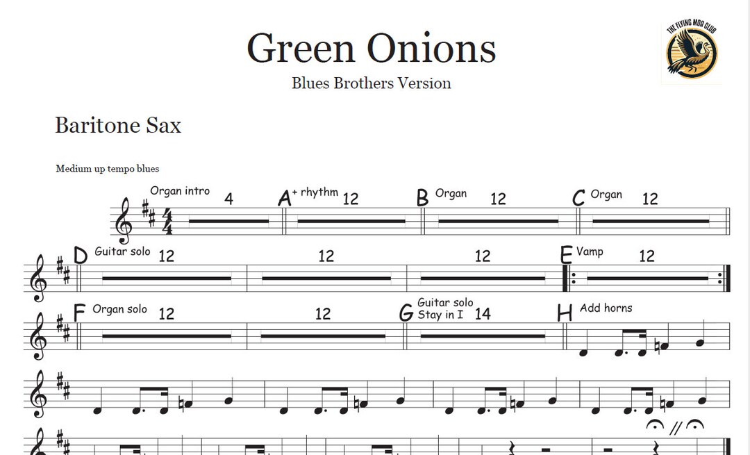 Horn Charts for green Onions by the Blues Brothers baritone Sax, Tenor
