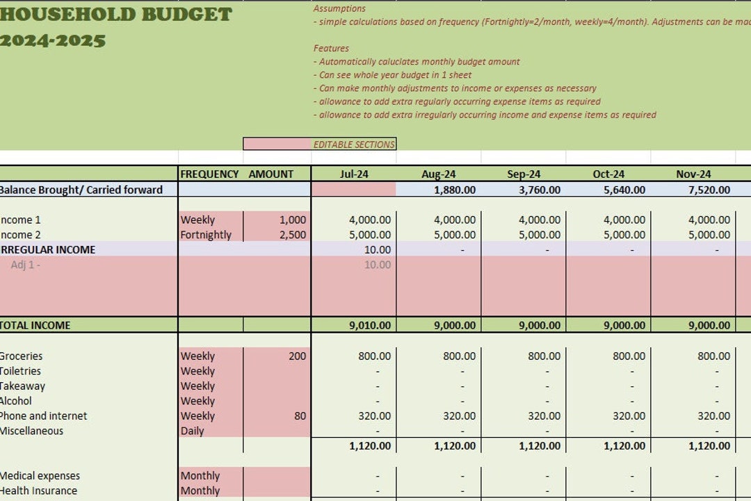 Basic Household Budget Template Customisable Etsy