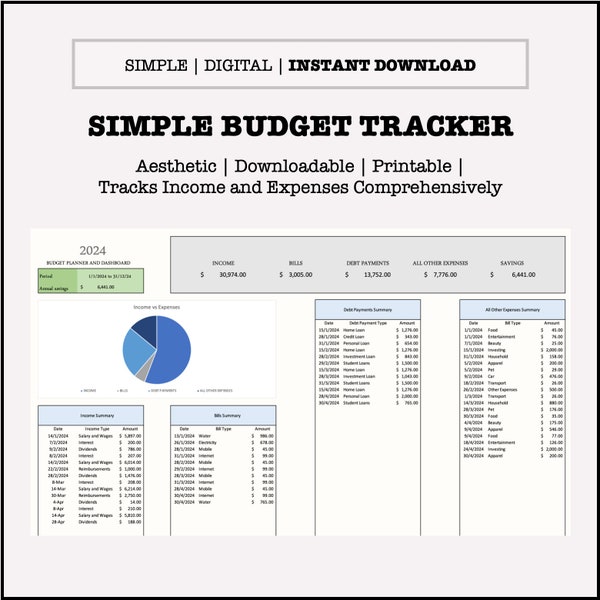 2024 Simple Budget Tracker | Personal Budgeter | Personal Finance Tracker | Monthly Budget Tracker | Income and Expenditure Statement