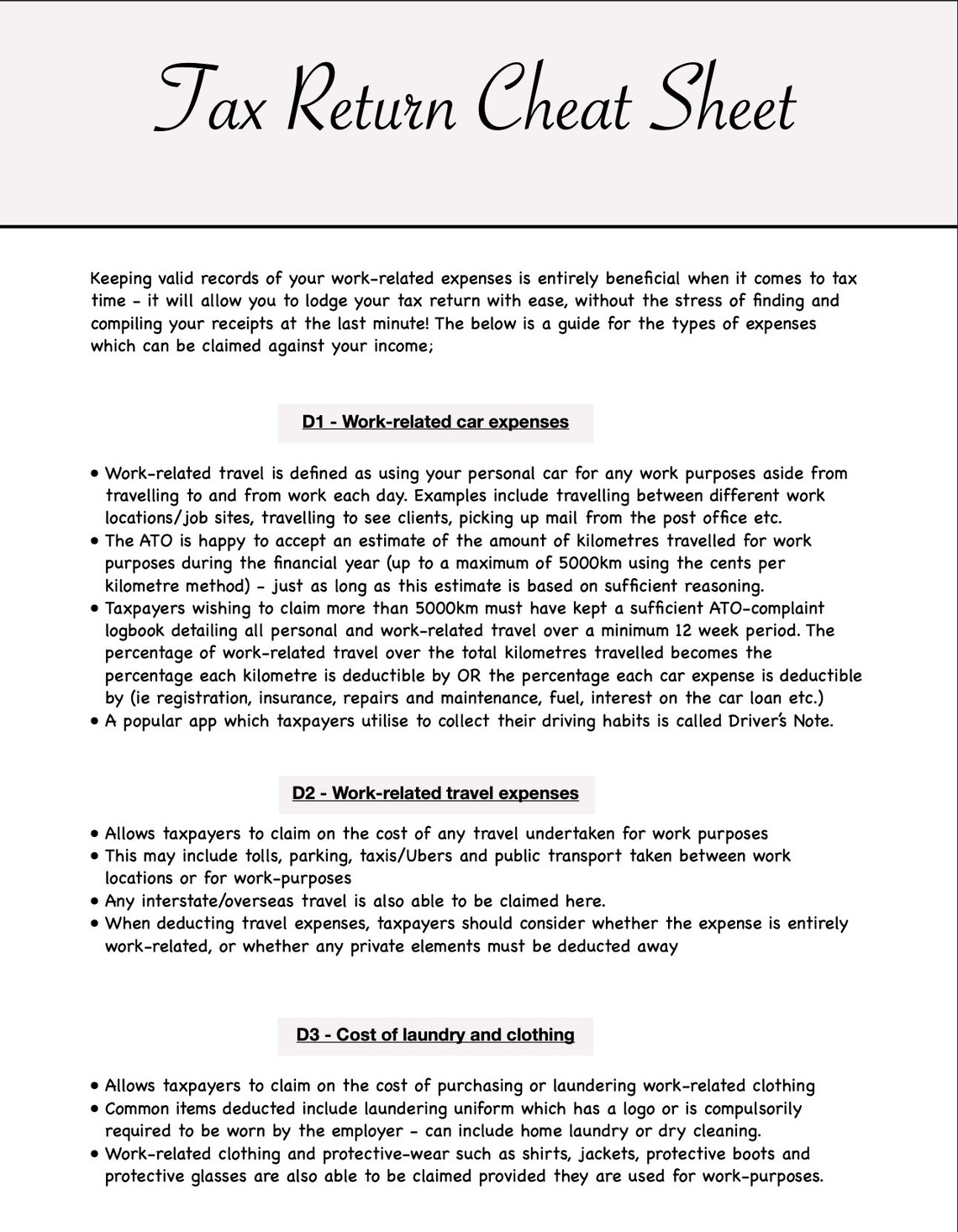 2024 Australian Tax Return Cheat Sheet Individual Tax Return Deductions