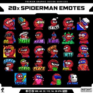 May include: A set of 28 digital cartoon emotes featuring Spiderman in various poses and expressions. The emotes are designed in a colorful style with different backgrounds and text.