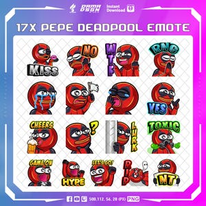 May include: A digital download graphic featuring 17 Pepe the Frog and Deadpool mashup emotes. Each emote is a cartoon-style image of the character in various expressions, with text bubbles like "KISS", "YES", and "TOXIC". The background is a gradient of purple and white.