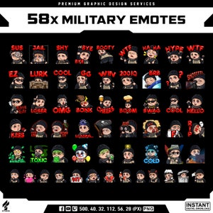 Puede incluir: Un conjunto de 58 emoticonos de temática militar con varios personajes en equipo táctico negro con diferentes expresiones y texto. Los emoticonos están diseñados para su uso en juegos online y comunicación.