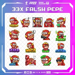 May include: A set of 33 digital stickers featuring a cartoon character dressed as the Flash with different expressions and phrases. The character is red and yellow with a lightning bolt on his chest. The phrases include "Flexing", "Toxic", "Kiss", "Nice", "Trash", "Cheers", "Clip It", "Rip", "One More", and "Ez".