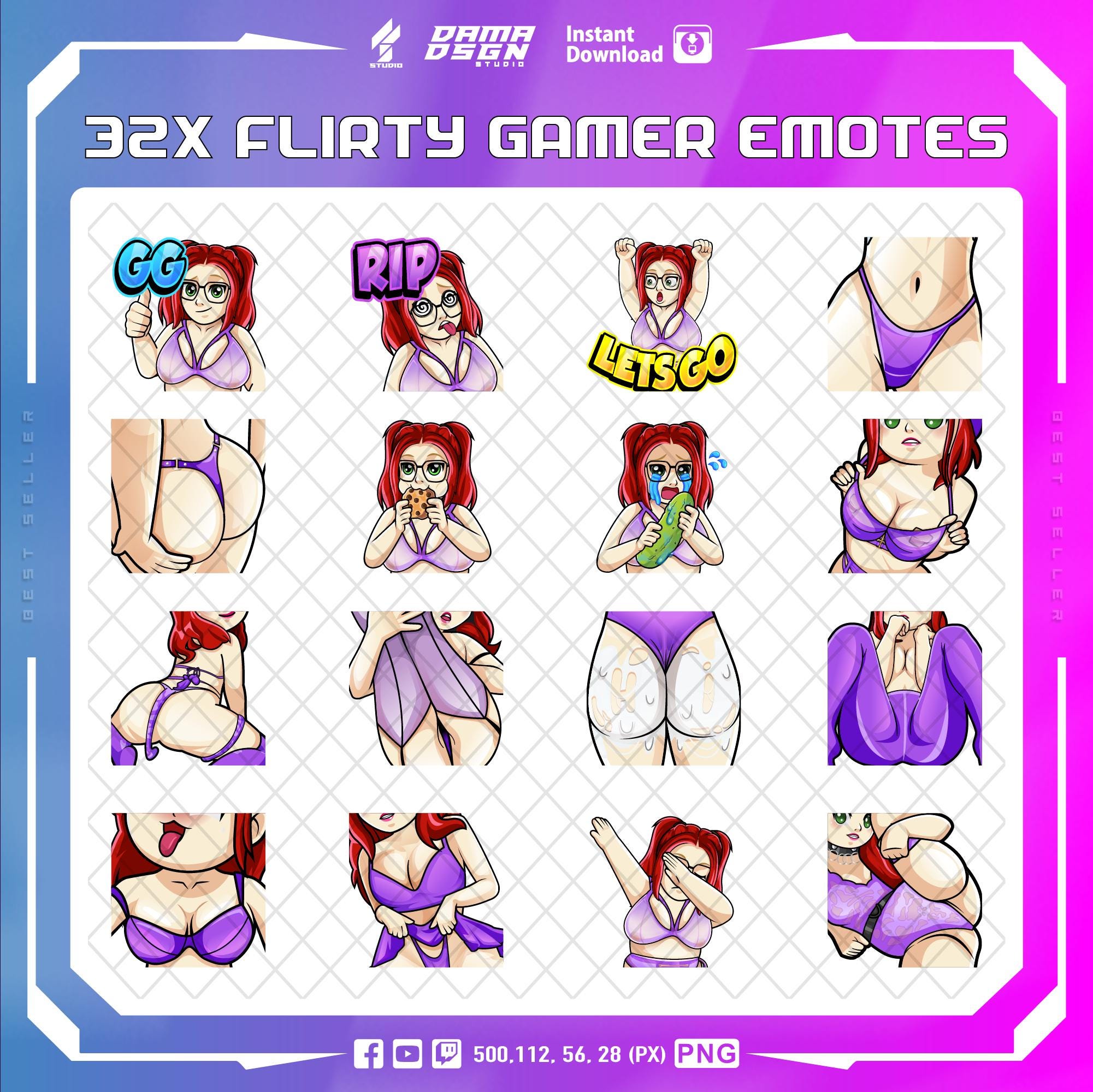 32x Flirty Gamer Emotes | Sexy Emojis | Discord Emotes | Youtube Emotes | Facebook Emotes | Cute | Kawaii | Attractive