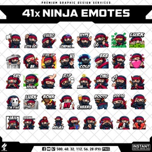 May include: A set of 41 ninja-themed emotes, each depicting a ninja with a black mask and red headband. The emotes display different expressions and text, including "SWAG", "HYPE", and "OMG". The image is titled "41x NINJA EMOTES".