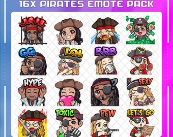 May include: A set of 16 digital pirate-themed Twitch emotes. The emotes feature various expressions and phrases, such as "Jail", "GG", "LOL", "BRB", "Hype", "Toxic", "Pew", and "Let's Go".