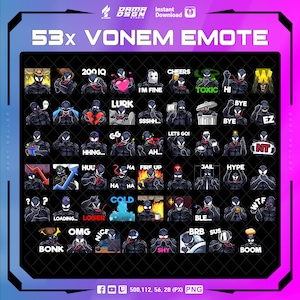 53x Venom Emotes: Dark Symbiote Graphics for Twitch & Discord