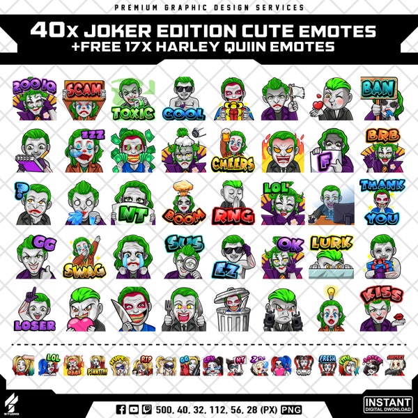 40x Joker Edition Lindos gestos de Twitch + GRATIS 17X Harley Quinn Lindos gestos / Discord Emotes / Youtube Emotes / Facebook Emotes / Lindo / Kawaii