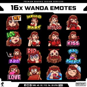 以下が含まれることがあります： デジタルグラフィックデザインの16個のワンダ・マキシモフ絵文字のコレクション。各絵文字は、赤いコスチュームを着たワンダが「NT」、「Hello Baby」、「LOL」、「Kiss」、「Love」などのさまざまな表情とテキストバブルで表現されています。画像には「16x WANDA EMOTES」というテキストが含まれています。