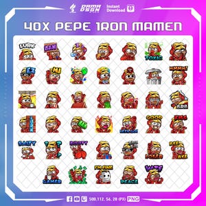 May include: A set of 40 Pepe Iron Mamen cartoon stickers featuring various expressions and phrases. The stickers are in a grid format with a white background and a black grid pattern. The stickers are all in a cartoon style and feature a Pepe the Frog character with different expressions and phrases.