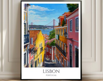 May include: A colorful illustration of a narrow street in Lisbon, Portugal. The street is lined with brightly colored buildings, and a red bridge can be seen in the distance. The text "LISBON PORTUGAL" is at the bottom of the image.