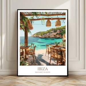 Poster di viaggio di Ibiza | Vibrazioni boho in una pittoresca cornice da spiaggia | Decorazione da parete Spagna | Regalo per i giramondo