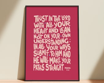 Proverbs 3:5-6, pink, Trust In The Lord Bible Verse, Printable Wall Art, Christian Wall Decor, Proverbs 3 5 6